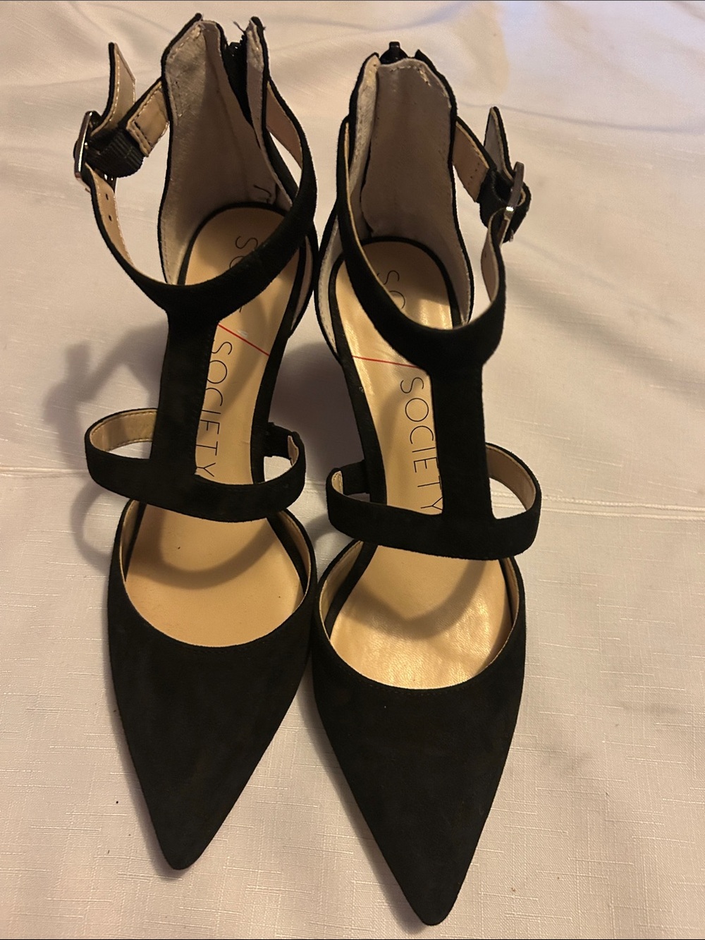 Sole Society Black Suede Pointed T-Strap Heels